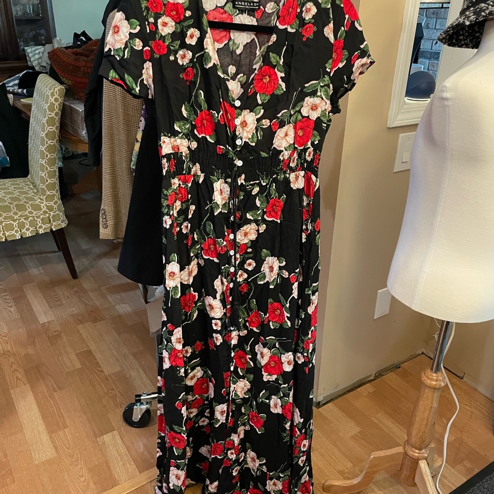 Floral Black and Red maxi button up dress.  See measurements in photos